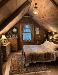 an attic bedroom with wood paneling and exposed ceiling, wooden bed frame, rugs on the floor