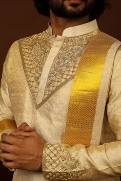 Gold pattu kurta featuring zari and cutdana hand embroidery on the neckline and sleeve hem. Paired with a dhoti pant and a kanduva. - Aza Fashions Kurta Set Men, Men Kurta, Dhoti Pants, Kurta Set, Full Sleeves, Mandarin Collar, Aza Fashion, Full Sleeve, Online Design