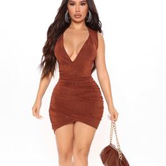 Brand New Fashion Nova Dress In A Size Small, Color Brown. Brown Ruched Knee-length Mini Dress, Knee-length Ruched Brown Mini Dress, Chic Brown Ruched Dress, Brown Ruched Midi Dress For Night Out, Brown Ruched Midi Dress For Date Night, Casual Mini Dress With Ruched Back For Date Night, Brown Ruched Mini Bodycon Dress, Brown Ruched Mini Dress For Date Night, Brown Ruched Bodycon Dress For Date Night