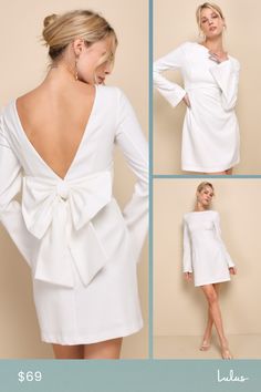 Make your debut in style with the Lulus Elegant Cutie Ivory Bow Long Sleeve Backless Mini Dress! This ultra-chic dress has a slightly stretchy woven composition that shapes an elegant boat neckline and a princess-seamed bodice, all framed by long, bell-style sleeves. High, fitted waist sits atop a figure-skimming bodycon skirt that ends at a mini hem. Turn around to reveal an open back design that finishes with an oversized bow detail. Hidden side zipper/clasp. Fit: This garment fits true to size. Length: Mid-thigh. Size medium Bust: Great for any cup size. Waist: Fitted - very fitted at natural waist. Hip: Loosely Fitted. Undergarments: May be worn with an adhesive bra, petals, or no bra. Fabric: Fabric has some stretch. Bodice and skirt are lined. Shell: 97% Polyester, 3% Spandex. Lining Backless Mini Dress, Lulu Fashion, Boat Neckline, Body Con Skirt, Chic Dress, Dress With Bow, Bodice, Mini Dress, Long Sleeve