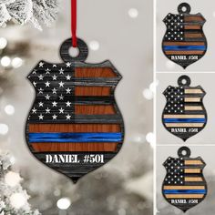 wooden police badge ornament with thin blue line and american flag on the back