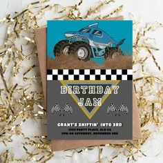 a birthday card with a monster truck on it