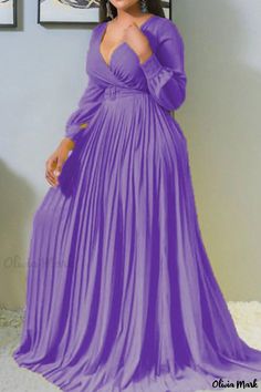 Olivia Mark - Ladies Long Sleeve V-Neck Dress in Purple (without Belt) Plain V-neck Maxi Dress, Plain Solid V-neck Maxi Dress, Solid Plain V-neck Maxi Dress, Solid V-neck Maxi Dress, Long Skirt Casual, Plus Size Long Dresses, Puffy Dresses, Yellow Maxi Dress, Yellow Maxi