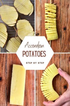 four pictures showing how to make homemade potato wedges on a wooden table with text overlay