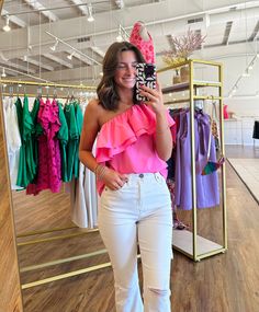 Ruffled sleeve flounce one shoulder top -unlined -fabric content - 70% polyester 30% cotton One Shoulder Tops, Pink Tops, Shoulder Top, One Shoulder, Shirts Tops, Pink, Fabric