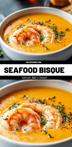 two bowls of seafood bisque with garnishes and bread on the side