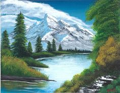 a painting of a snowy mountain with trees by a river in the foreground and blue sky above