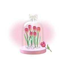 a glass dome with pink tulips under it and a bow on the top