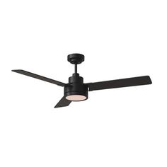 a black ceiling fan with a light on the top and two blades attached to it