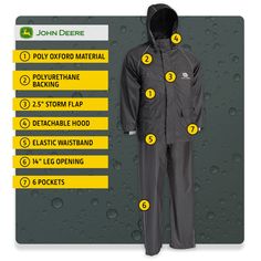 Soft, lightweight polyester/polyurethane material. 2.5 in storm flap with hook and loop closures. Adjustable hide-away hood. John Deere BLACK POLYESTER RAINSUIT 2XL | JD44520/2XL Black Functional Raincoat With Pockets, Casual Black Waterproof Raincoat, Weatherproof Black Raincoat For Sports, Black Raincoat With Storm Flap For Rainy Weather, Black Raincoat With Pockets For Outdoor Activities, Black Casual Raincoat For Outdoor Work, Casual Black Raincoat For Outdoor Work, Black Nylon Raincoat For Outdoor Work, Black Raincoat With Pockets For Rainy Season