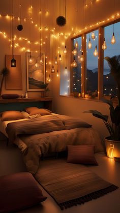 The combination of lights, decorations, and the wooden furniture creates an inviting atmosphere filled with warmth and holiday cheer. Yellow Christmas Lights, Cozy Bedroom Lighting, Deck Furniture Layout, Wall Decor Trends, Dream Flat, Wall Decora, Indoor Lights, Bedroom Lights