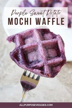 purple sweet potato mochi waffle on a fork with text overlay that reads purple sweet potato mochi waffle