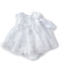 Rare Editions Baby Girls 3-24 Months Solid Satin/Embellished Embroidered Skirted Dress, Panty & Flower Headband Set | Dillard's Baby Dedication Outfit, Satin Panty, Baby Baptism Dress, Baptism Dress Baby Girl, Baby Dedication, Baptism Dress, Christening Dress, Embroidered Skirt