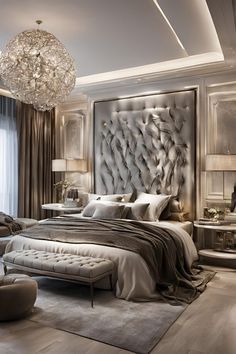 a bedroom with a large bed and chandelier hanging from the ceiling