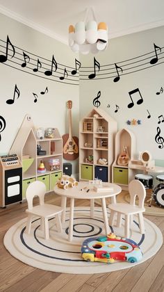 a child's room with musical notes on the wall