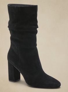 A mid-calf interpretation of the season's slouchy boot, the shortened height is perfect for pairing with skinny jeans or the season's must-have midi skirts.  Flexible, suede upper.  Breathable synthetic lining.  Insole with added stability in the hee Insole Design, Slouchy Boots, Midi Skirts, Mid Calf, Black Suede, Black Boots, Banana Republic, Memory Foam, Midi Skirt