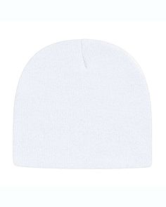 100% Acrylic; 8 1/2" knit; Made in the USA Cute White Cheap Beanie, Classic Fitted Soft Knit Hat, Casual White Knitted Bonnet, Casual White Bonnet One Size, Soft Adjustable White Bonnet, Adjustable Soft White Bonnet, Casual White One-size Bonnet, White Beanie Cap For Winter, White Winter Beanie Cap