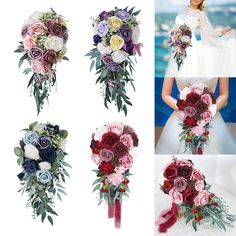 wedding bouquets with different colors and sizes are shown in multiple pictures, including the bride's bouquet