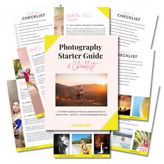 the photographer's guide is shown in four different colors and sizes, including pink