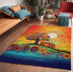 a colorful area rug with an orange bus on the tree and sun in the background