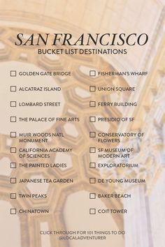 the san francisco bucket list is shown