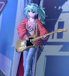 a cartoon character holding a guitar and wearing headphones