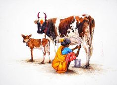 a painting of two cows and a woman with a bucket in front of them on a white background