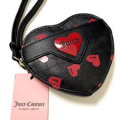 Cute Juicy Couture Zip Around Wristlet Wallet. Zip Closure Wristlet Capability 1 Compartment Faux Leather Metal Heart Detail Gold Hardware 4.5" X 5" X 1" New With Tag. Impeccable Condition. Item Comes From A Smoke Free Home. Juicy Couture Heart Wallet, Black Juicy Couture Bag, Juicy Couture Cherry Bag, Goth Wallet, Juicy Couture Shoulder Bag, Pink Pouch, Pink Wristlet, Wallet Wristlet, Character Board