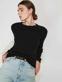 A true elevated essential. A lightweight sweater with a flattering knit front that pairs well with everything (even warmer weather)... (This one comes in Black.) | Women's Iara Sweater Top in Black | Ethical Essentials Nation Ltd, Lightweight Sweater, Light Weight Sweater, Fashion Details, Sweater Top, Knitting, Long Sleeve, Black