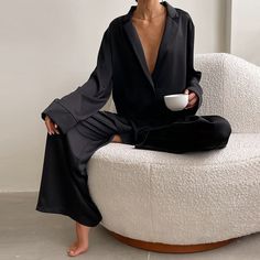 Sleep in luxurious comfort with Hiloc Oversized Satin Silk Sleepwear, boasting a flattering low-cut design and single-breasted long sleeves. Delicate yet sensuous satin silk fabric gently caresses your skin for a blissful night's sleep. Feel chic and beautiful as you lounge in its breathtakingly stylish wide-leg pants. A perfect companion for a blissful night's rest. Pijamas Women, Chique Outfit, Pyjama Satin, Pajamas For Women, Satin Sleepwear, Silk Sleepwear, Long Sleeve Tops Casual, Summer Blue, Silk Pajamas