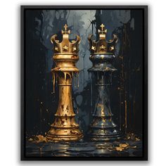 two golden and black chess pieces with gold paint splattered on them