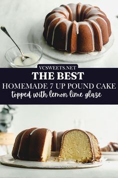 the best homemade pound cake recipe with lemon lime glaze on top and in front