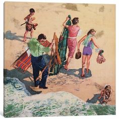 an old painting of people on the beach