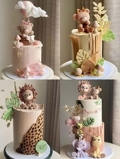 there are three cakes decorated with animals and plants