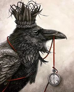 a drawing of a bird with a crown on its head and a watch hanging from it's neck