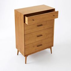 a wooden dresser with three drawers on one side and an open drawer on the other