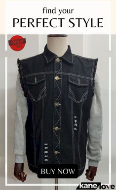 Punk Lapel Sleeveless Black Denim Jacket for Men Punk Style Vest For Streetwear In Fall, Punk Style Denim Vest For Fall Streetwear, Punk Denim Vest For Fall Streetwear, Punk Sleeveless Outerwear For Streetwear, Black Punk Vest For Spring, Spring Punk Streetwear Vest, Edgy Streetwear Vest For Spring, Spring Black Denim Vest, Black Denim Casual Vest