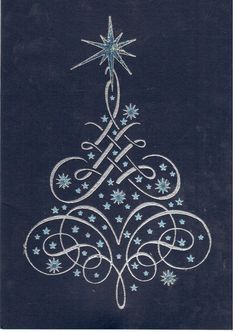 a cross stitch christmas tree on a black background with blue stars and snowflakes