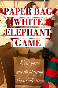 paper bag white elephant game with text overlay