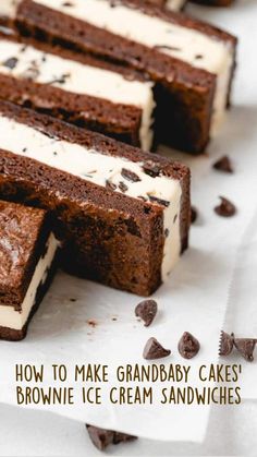 several pieces of chocolate cake with white frosting and oreo cookies on the side