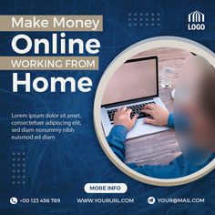 a man working on his laptop while sitting at a desk with the text make money online working from home