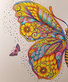 a drawing of a colorful butterfly with swirls and flowers on it's wings