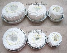 four images show how to make a cake with white frosting