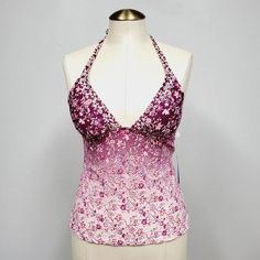 Lucky Brand Womens Tankini Swim Top Floral Pink Separates Swimsuit New With Tags Size Small Purple Halter Neck Swimwear For Spring, Elegant Purple Swimwear For Summer, Fitted Purple Floral Print Top, Floral Print Fitted Tankini With Triangle Top, Fitted Purple Swimwear For Beach Season, Fitted Floral Print Triangle Top Tankini, Pink Halter Neck Tankini For Party, Pink Fitted Beachwear Top, Elegant Purple Party Swimwear