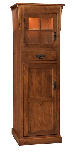 a wooden cabinet with two doors and drawers on one side, the door is open to reveal