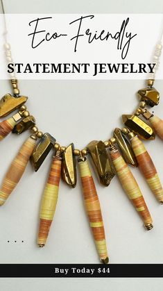 Buy sustainable statement paper bead jewelry. Elevate your look with a stunning long layering necklace, a stack of bead bracelets, or trendy dangle earrings. Each piece is handmade out of recycled paper. You'll love how easy it is to accessorize with colorful paper bead jewelry. Buy today and get FREE SHIPPING on qualifying orders. #statementbeadjewelry #sustainablejewelry Artisan Multi-strand Gold Beaded Necklaces, Unique Multi-strand Large Beads Necklace, Bohemian Beaded Multi-strand Bib Necklaces, Gold Beaded Multi-strand Bib Necklace, Luxury Multi-strand Statement Beaded Necklace, Trendy Boho