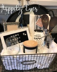 a basket filled with lots of items sitting on top of a counter