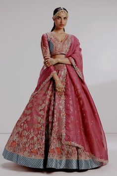 Purple pure raw silk lehenga with sequins floral garden and pure kadhwa silk mughal pattern embroidery. Paired with coordinating handwoven banarasi border blouse and scallop edged dupatta. - Aza Fashions Designer Slub Silk Lehenga With Gota Work, Tussar Silk Sets For Reception And Navratri, Festive Slub Silk Lehenga With Resham Embroidery, Reception Slub Silk Lehenga With Zari Work, Wedding Choli With Zari Work In Slub Silk, Wedding Slub Silk Lehenga For Navratri, Traditional Slub Silk Lehenga With Gota Work, Slub Silk Lehenga With Gota Work In Traditional Drape, Slub Silk Lehenga For Diwali