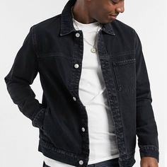 Never Worn Black Button-up Denim Jacket For Streetwear, Black Denim Outerwear With Pockets, Black Denim Jacket With Pockets For Streetwear, Urban Black Fitted Denim Jacket, Black Fitted Urban Denim Jacket, Collared Denim Jacket For Winter Streetwear, Spring Black Cotton Utility Jacket, Classic Black Utility Jacket For Everyday, Black Relaxed Fit Utility Jacket With Button Closure