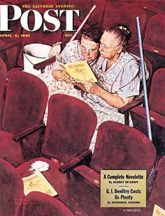 an old magazine cover with two people sitting on the seats and one is holding a baseball bat